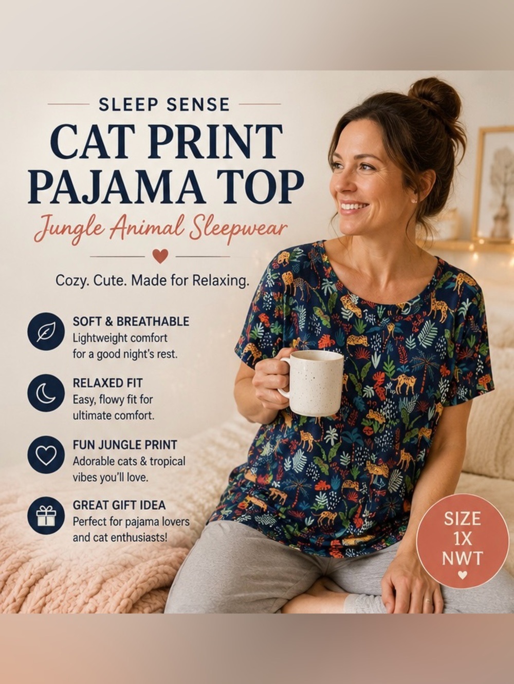 Sleep Sense Cat Print Pajama Top 1X Jungle Animal Sleepwear NWT